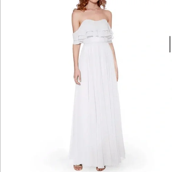 Azazie | Dresses | Azazie Haden White Bridesmaid Dress Wedding Dress Off  The Shoulder Ruffle | Poshmark